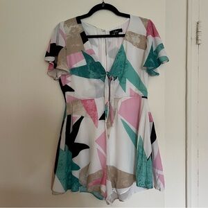 Color Me Cute White Print Tie-Front Flutter Sleeve Romper